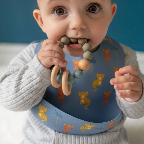 Wooden Teether And Rattle - Blue Grey or Blush