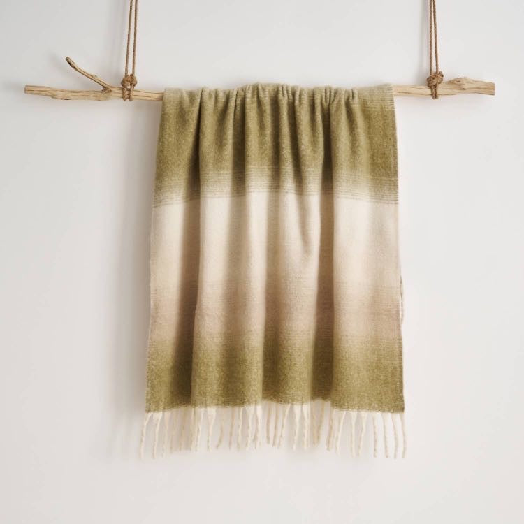 Ombre Faux Mohair Throw - Soft Fringed Blanket (Green or Grey)