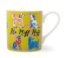 HiJiNX No Riff Raff ceramic mug in lime and yellow-green with a pink grid pattern, featuring four illustrated dogs including a pink poodle, blue Jack Russell, red spotted whippet, and blue striped Afghan hound, displayed alongside its matching blue and yellow HiJiNX gift box.