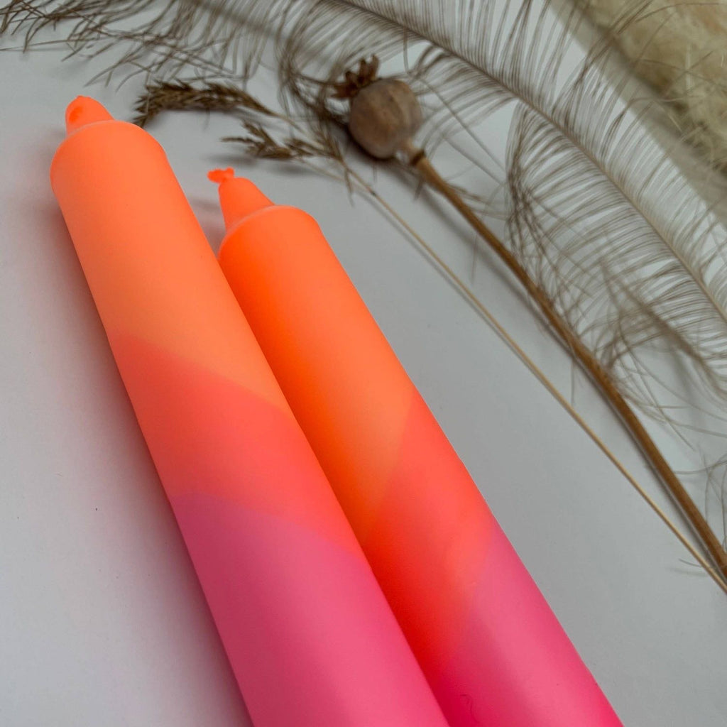 Neon Orange & Neon Pink Swirl Dip Dyed Dinner Candles