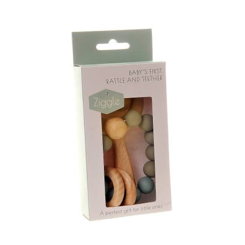 Wooden Teether And Rattle - Blue Grey or Blush