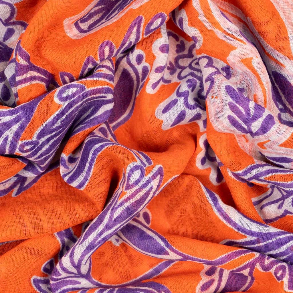 Orange/Purple Floral Print Lightweight Cotton Scarf