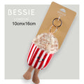 Bessie London popcorn plush keyring bag charm with red and white stripes, fluffy top and dangly legs (10cm x 16cm)