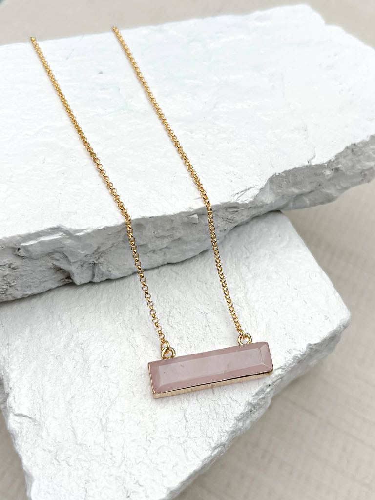 Rose Quartz Rectangle Gold Plated Gemstone Crystal Necklace