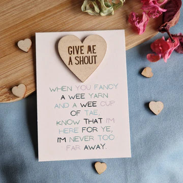 Give me a shout wooden heart note card from parful stuff
