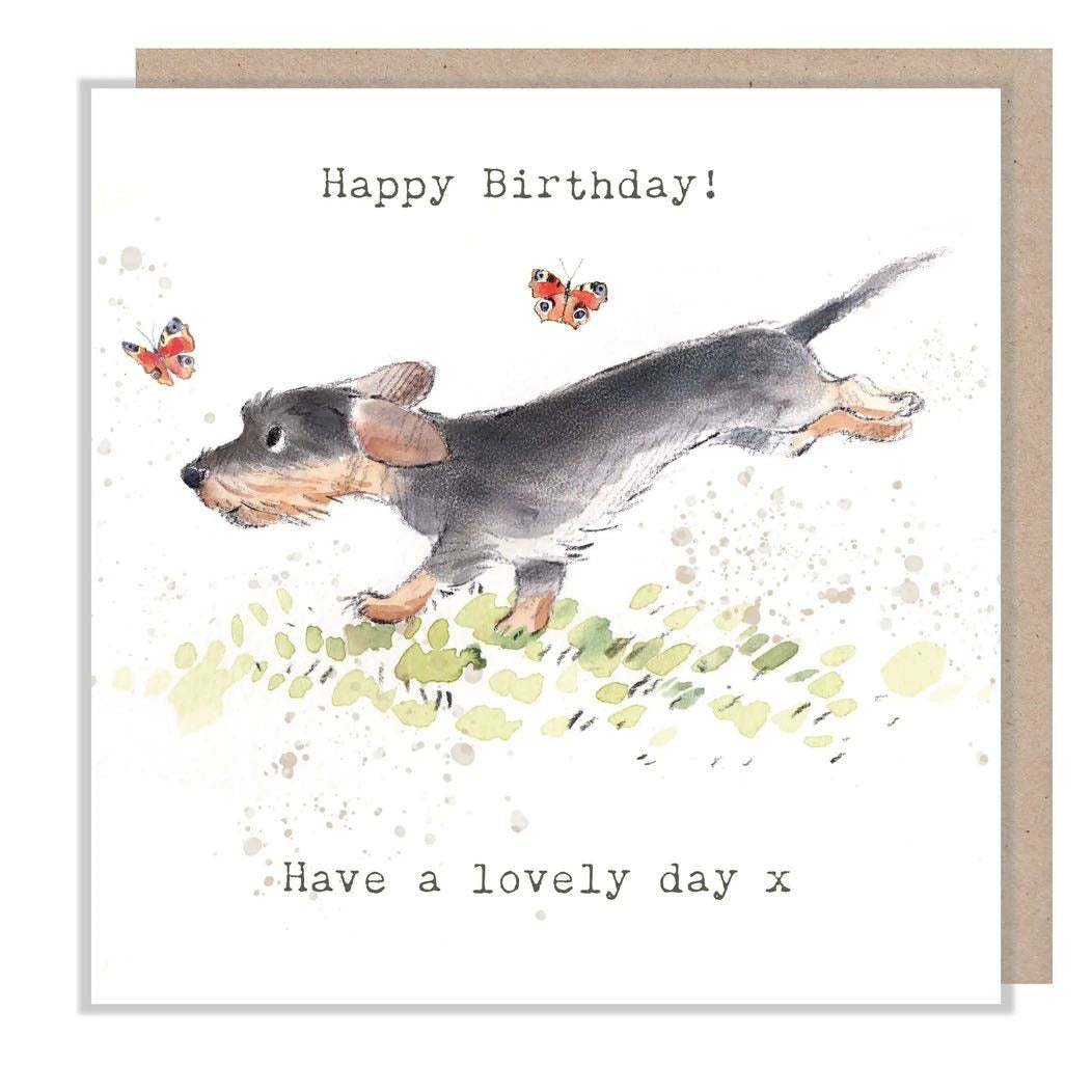 Blank inside dog birthday card “Happy Birthday! Have a lovely day x” with watercolour pup and kraft envelope