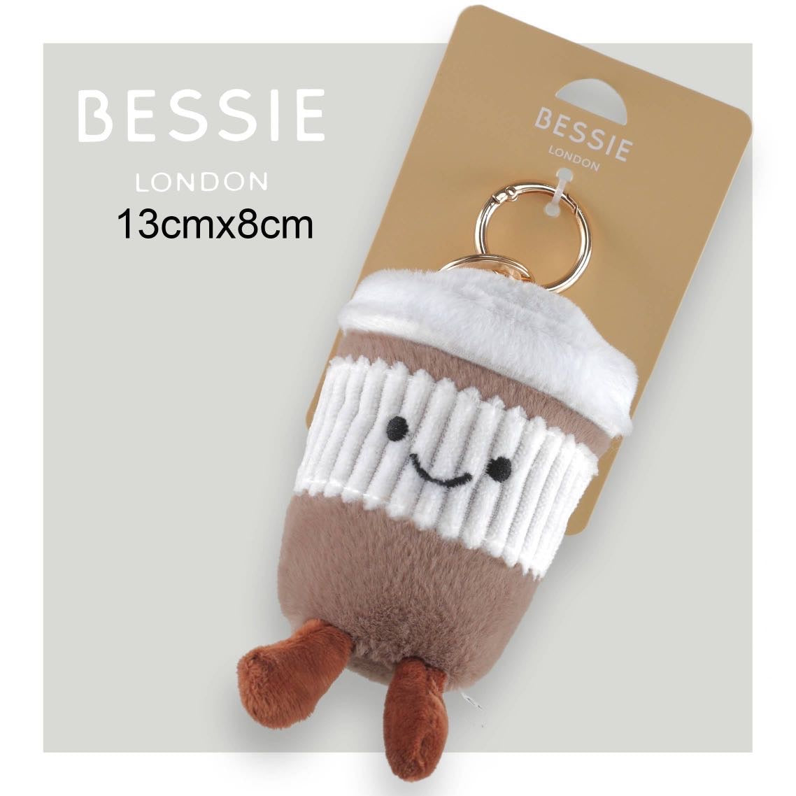 Bessie London coffee cup plush keyring bag charm with fluffy top and dangly legs (13cm x 8cm)