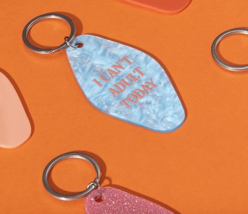 Ohh Deer “I Can’t Adult Today” motel-style keyring in blue with bold text