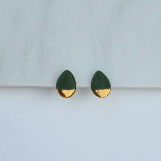 Green Ceramic Teardrop Studs With Gold Lustre - WhiteRain