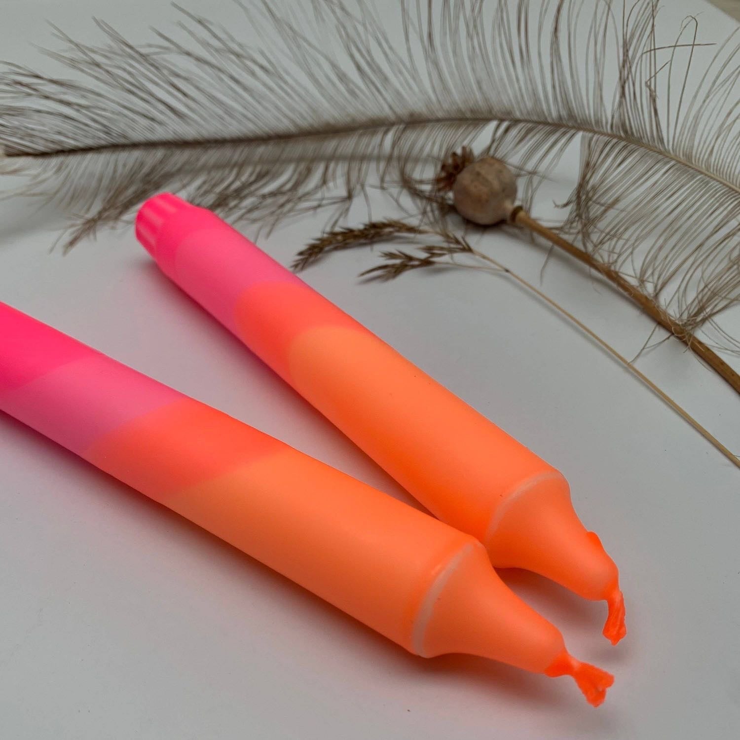 Neon Orange & Neon Pink Swirl Dip Dyed Dinner Candles
