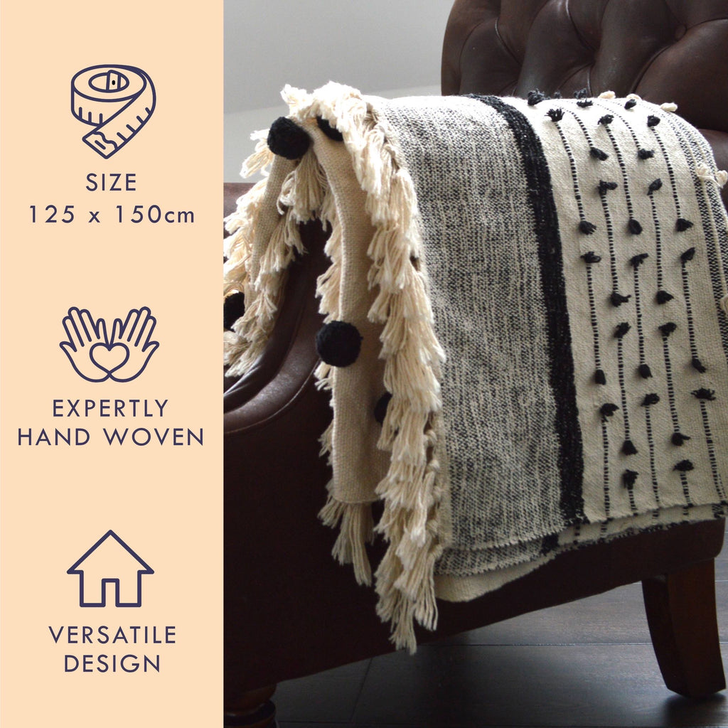 Nina Bobble Boho Throw - Scandi Monochrome Textured Blanket