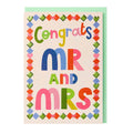 Congrats Mr and Mrs wedding congratulations card with colourful lettering and decorative border