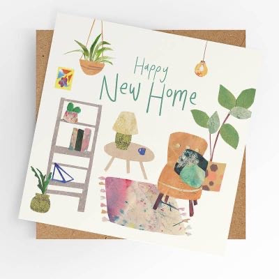 Happy New Home greeting card with cosy illustrated interior scene, blank inside, includes brown kraft envelope