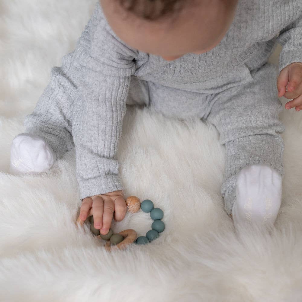 Wooden Teether And Rattle - Blue Grey or Blush