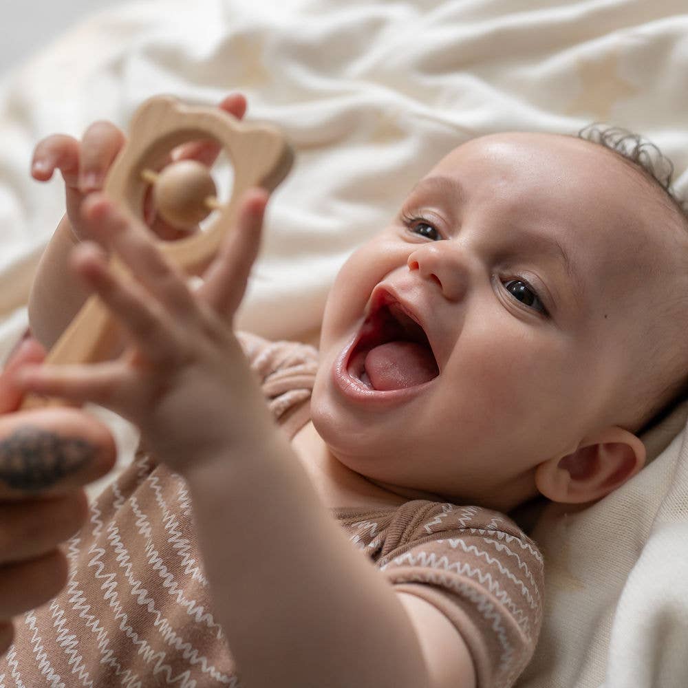 Wooden Teether And Rattle - Blue Grey or Blush