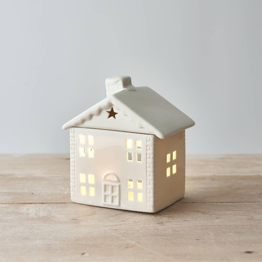Ceramic House Wax Burner – White Tealight Wax Melt Burner with Removable Lid (12cm)
