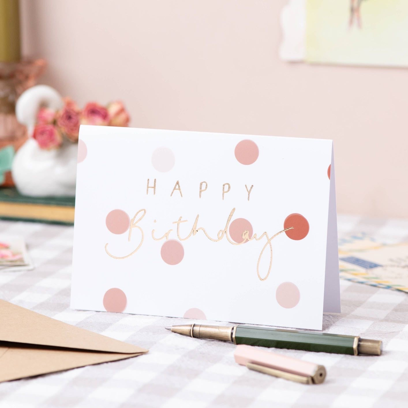 Happy Birthday Brown Dot + Gold Foil Birthday Card