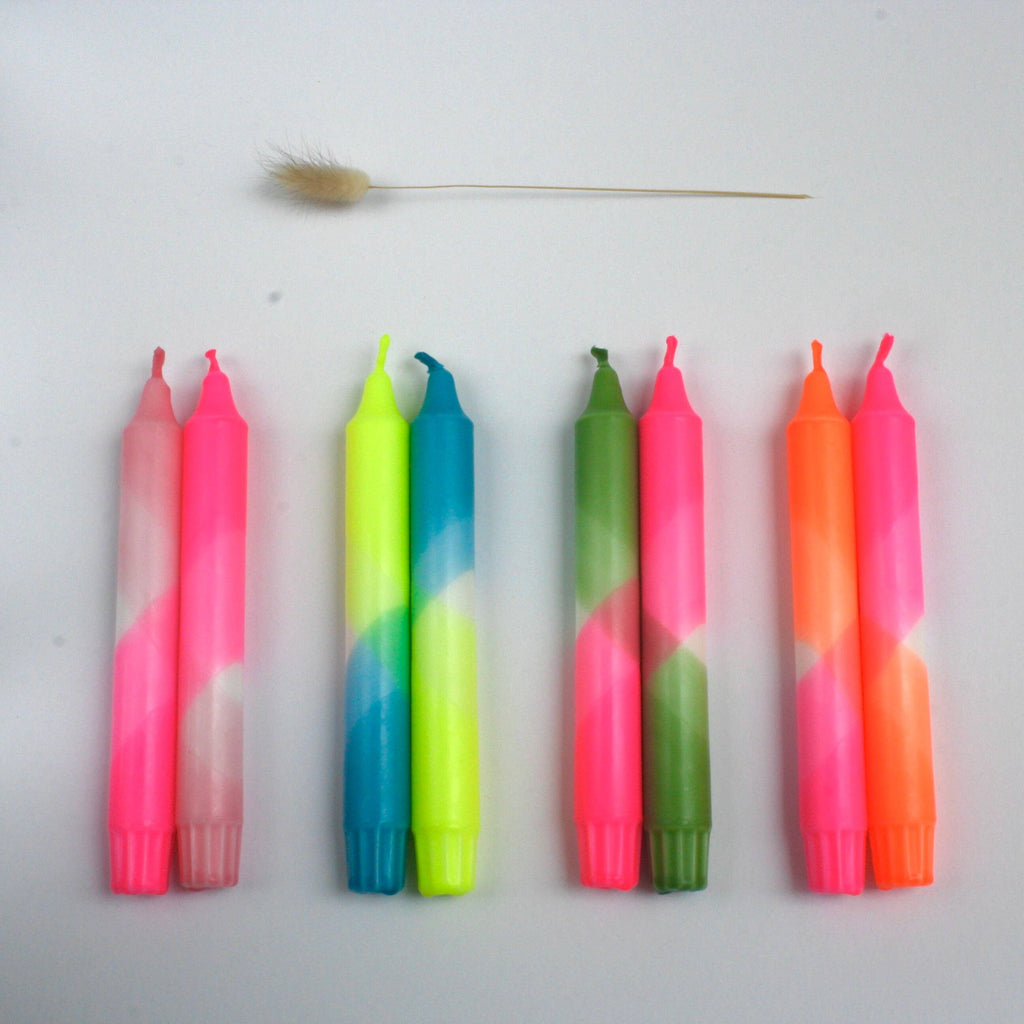 Neon Coral and Teal Dip Dyed Dinner Candles