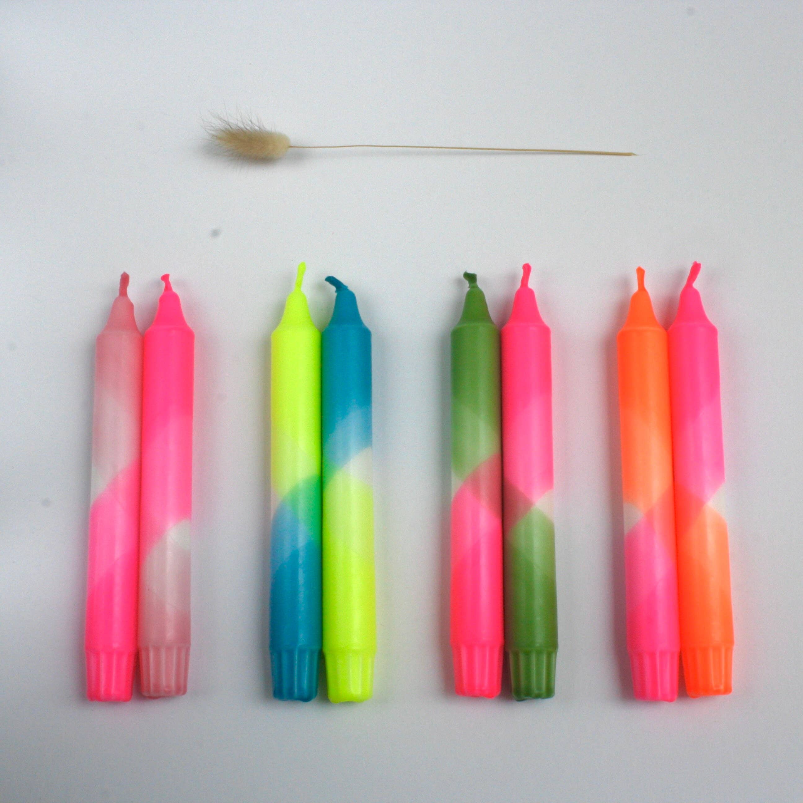 Neon Coral and Teal Dip Dyed Dinner Candles
