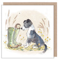 Blank inside watercolour greeting card with puppy and hedgehog beside green wellies, wildflowers and bees, with kraft envelope