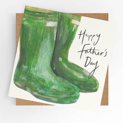 Happy Father’s Day card with green wellies illustration, blank inside, kraft envelope included