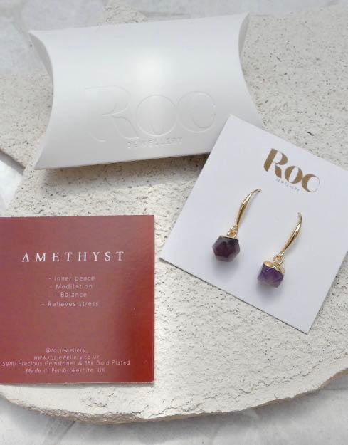 Amethyst Nugget Gemstone Crystal Earrings - 18k Gold Plated