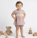 “Baby girl two piece lace trim crinkle top and bloomer shorts set 9-24 months”