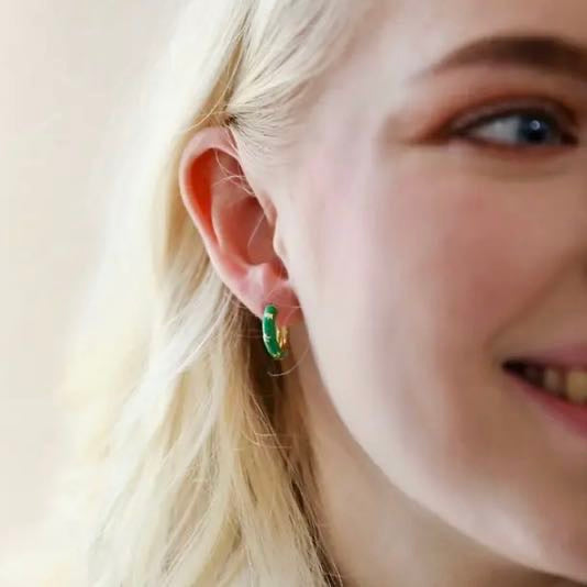 Starry Green Enamel Hoop Earrings