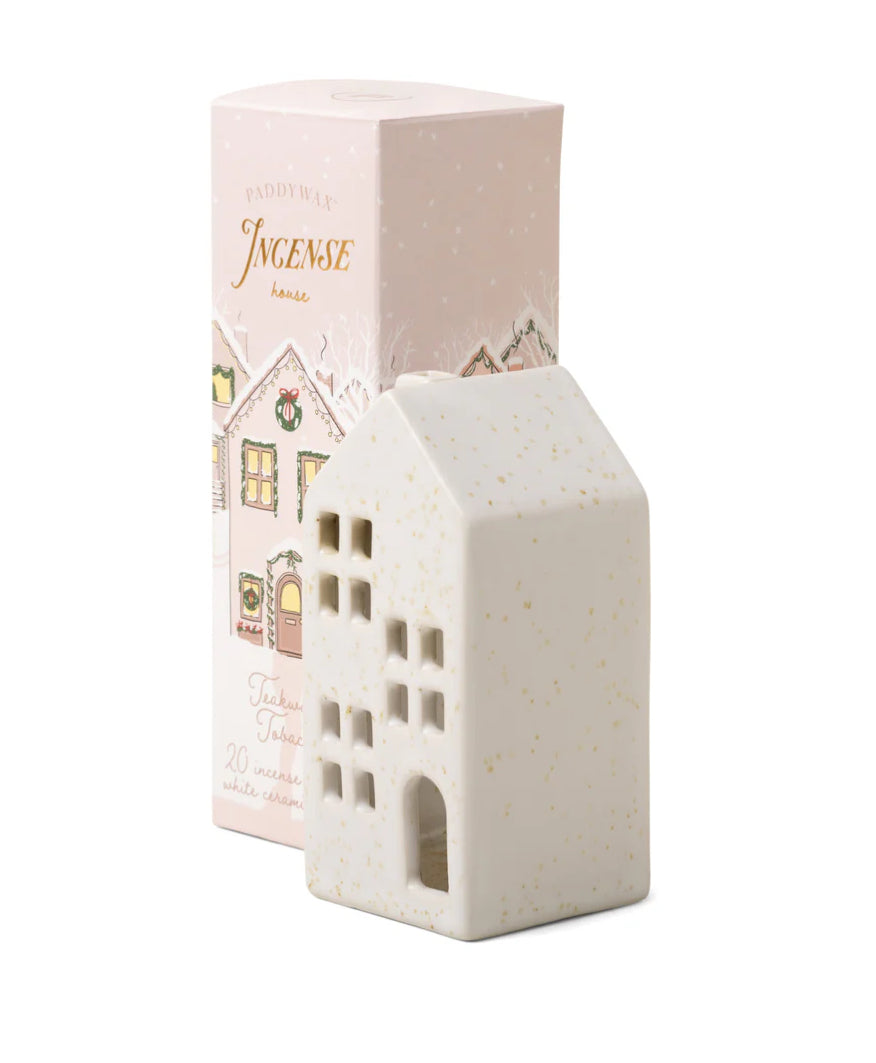 WINTER CERAMIC INCENSE HOLDER- WHITE HOUSE - TEAKWOOD TOBACCO
