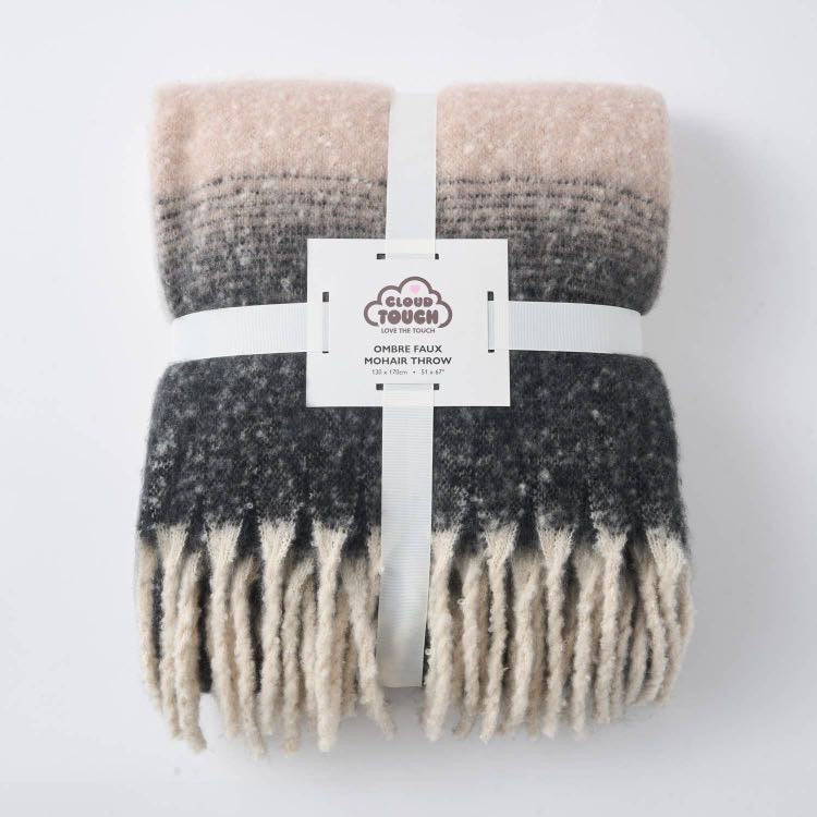 Ombre Faux Mohair Throw - Soft Fringed Blanket (Green or Grey)