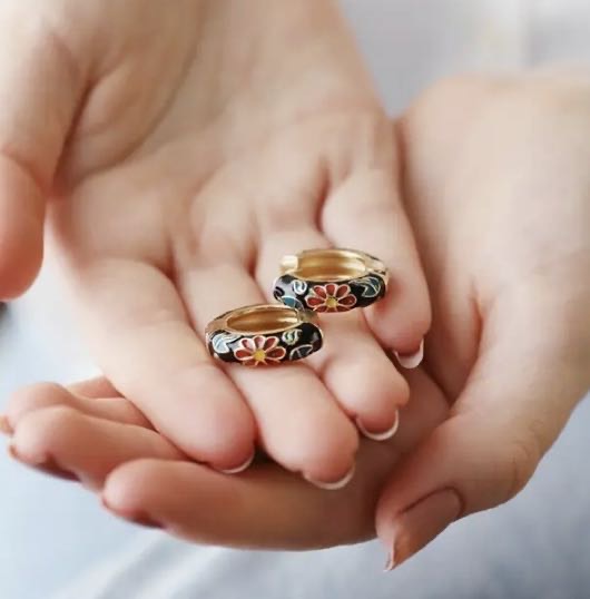 Black Cloisonne Hoop Earrings in Gold
