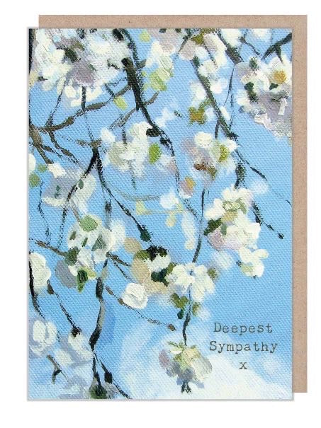 Deepest Sympathy x card with blue blossom floral artwork and kraft envelope