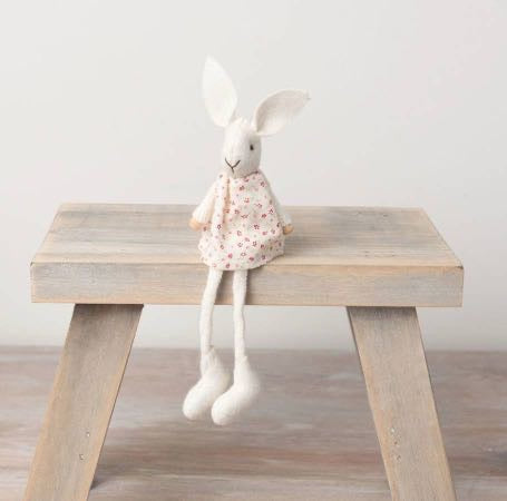 Sitting Bunny Decoration – Fabric Rabbit with Dangly Legs & Floral Dress (Easter/Spring Décor)
