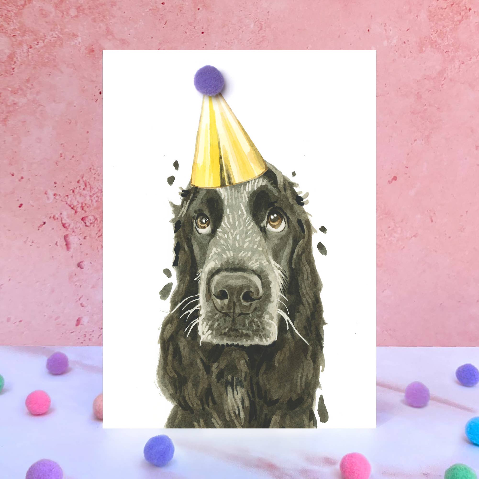 Black Cocker Spaniel Pompom Birthday Card