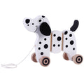 Wooden pull along dog toy with spots and pull cord
