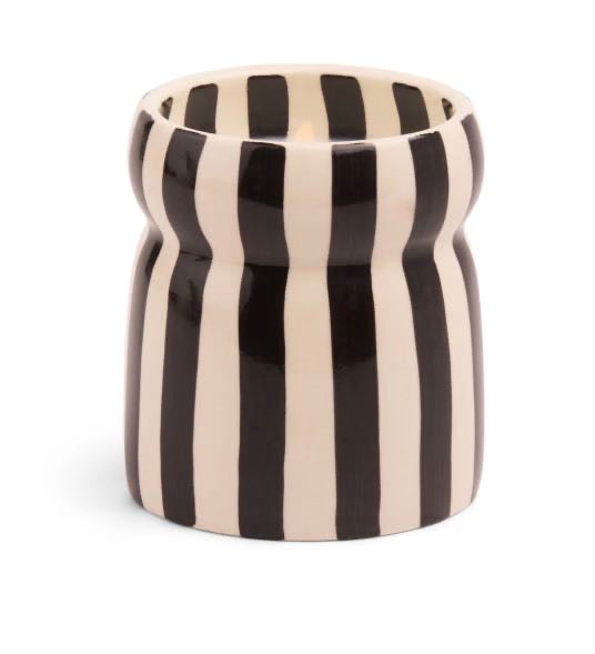 CABANA 6.5OZ/184G BLACK STRIPPED CERAMIC CANDLE - LAVA STONE