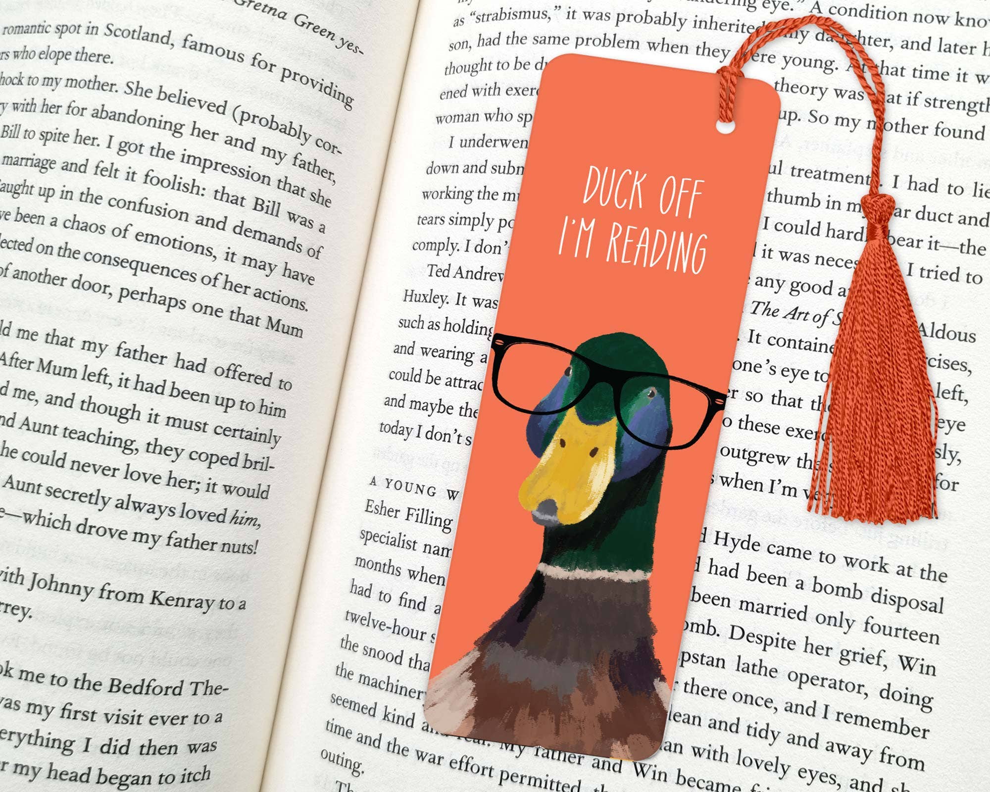 Duck Off I’m Reading bookmark with tassel and duck in glasses illustration