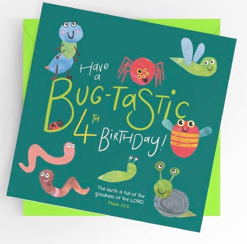 Scripture Age 4 Birthday card with bugs 