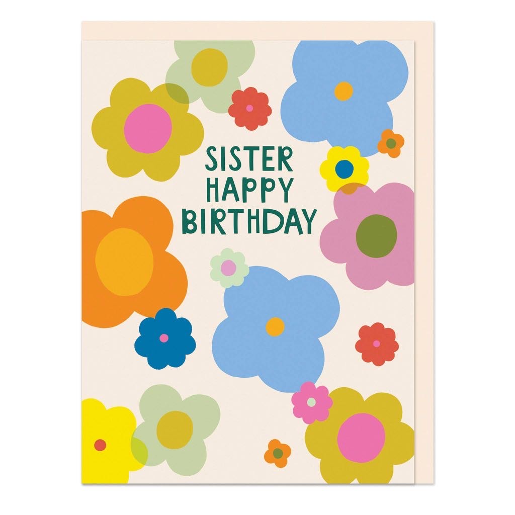 Sister Happy Birthday card with colourful retro flower design