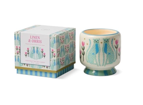 Paddywax A Dopo blue cheetahs ceramic candle 8oz in Linen & Orris with matching gift box