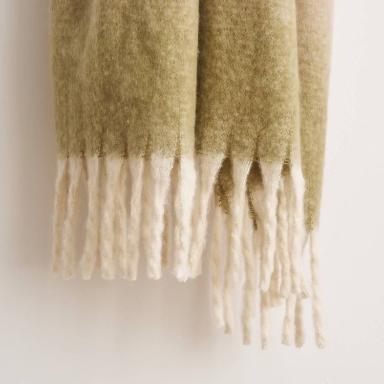 Ombre Faux Mohair Throw - Soft Fringed Blanket (Green or Grey)