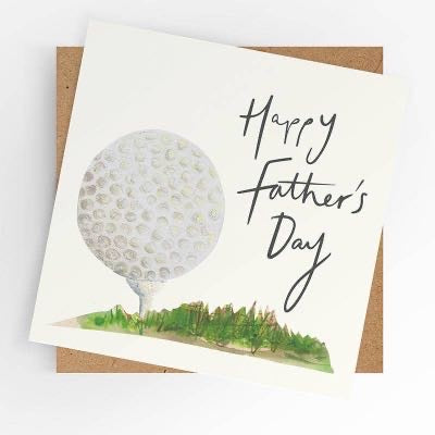 Happy Father’s Day golf card with golf ball illustration, blank inside, kraft envelope included