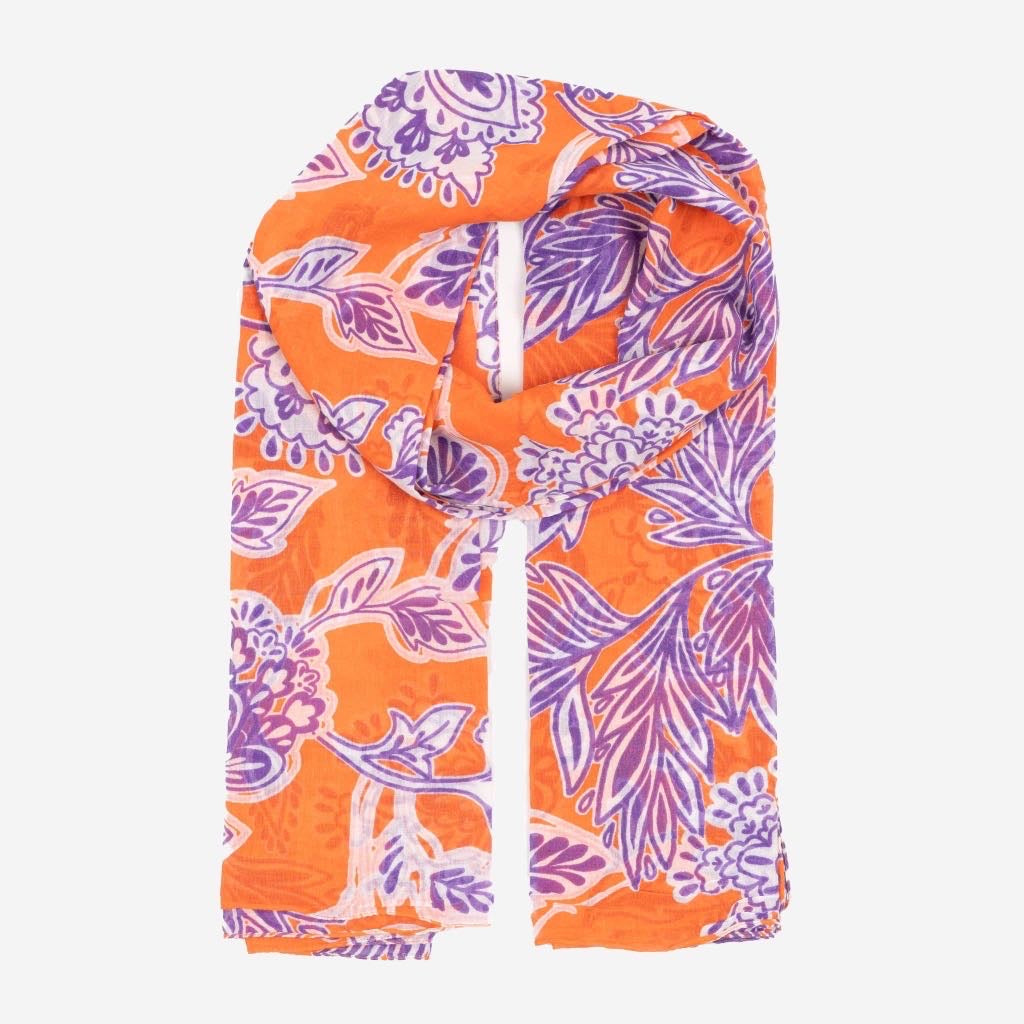 Orange/Purple Floral Print Lightweight Cotton Scarf
