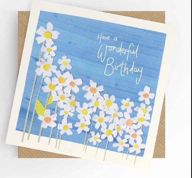 Have A Wonderful Birthday card, daisies and blue sky