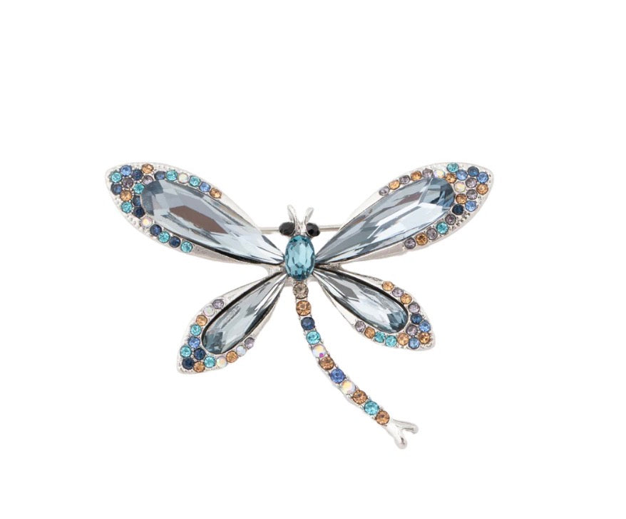 “Blue crystal dragonfly brooch pin 37mm wide”