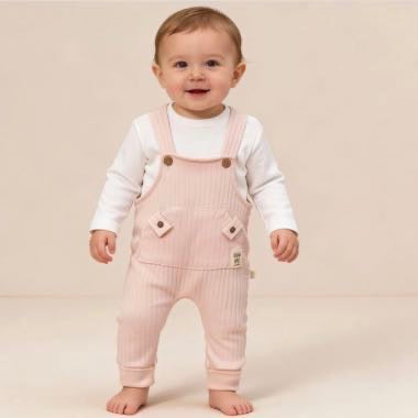 Baby Girls “Little Me” Two Piece Dungarees Set – Pink Ribbed Dungarees & White Top