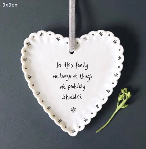 Eats of India Scalloped Ceramic Hanging Heart “In This Family we laugh at things we probably shouldn’t”. Decoration with Velvet Ribbon – Funny Quote Heart Ornament
