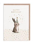 A6 rabbit birthday card by Ohh Deer with bunny in party hat and Happy Birthday text