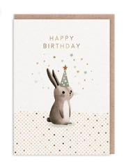 A6 rabbit birthday card by Ohh Deer with bunny in party hat and Happy Birthday text