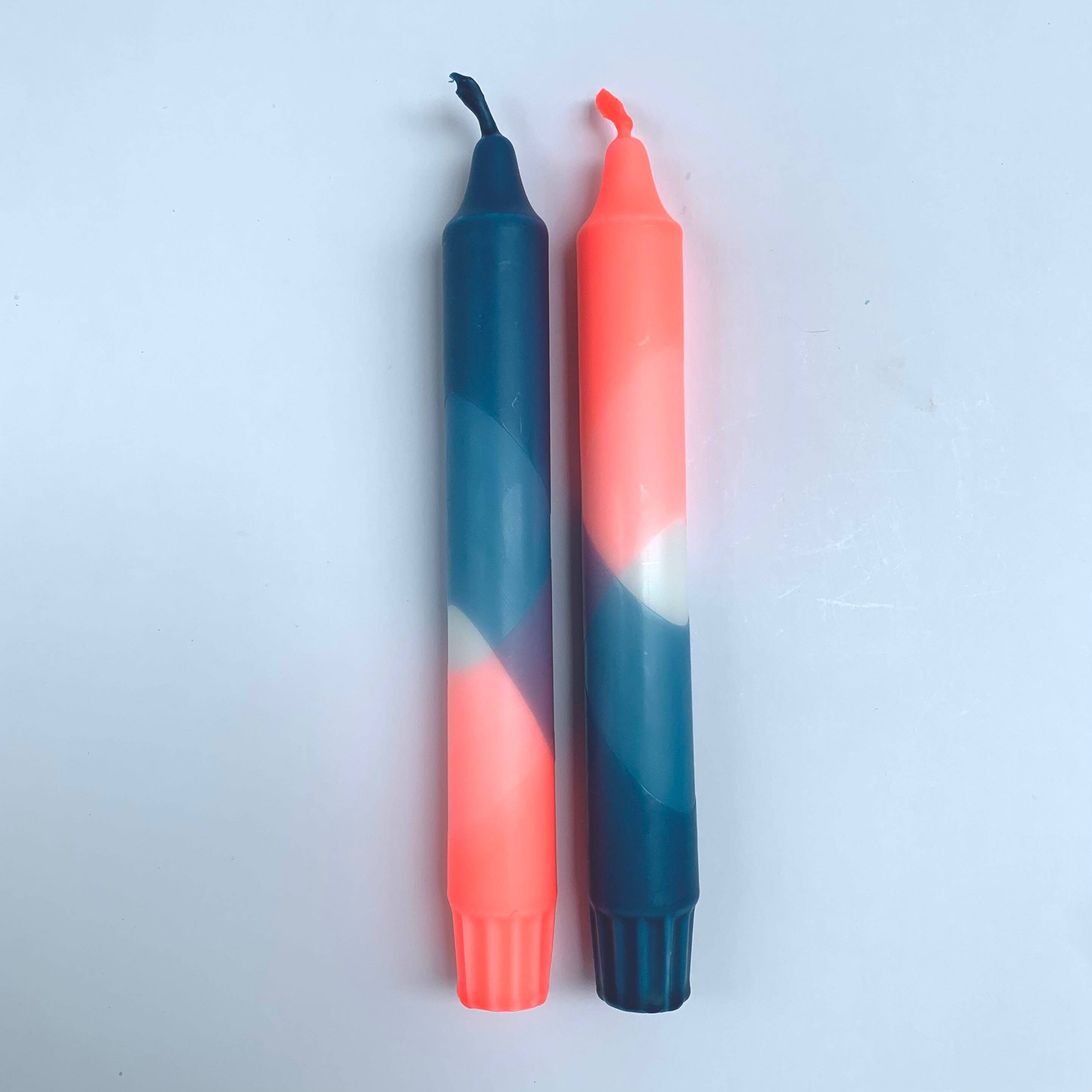 Neon Coral and Teal Dip Dyed Dinner Candles